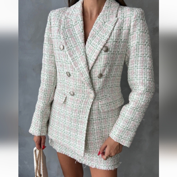 ZARA Set Double Breasted Textured Weave Tweed Jacket and Skort - Picture 7 of 15